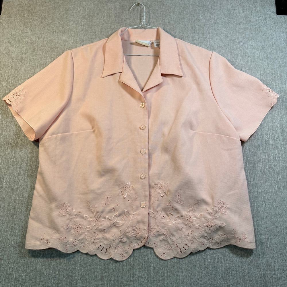 Alfred Dunner Pink Embroidered Scallop Hem Button Down Blouse Plus Size 20W